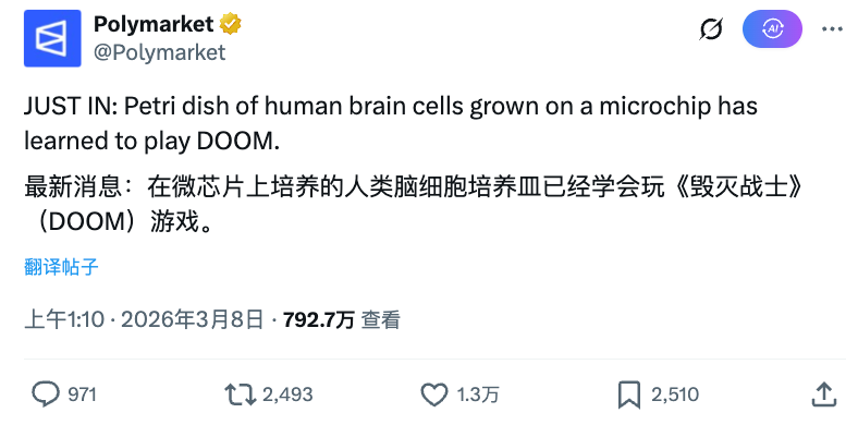 首个人类脑细胞利用AI+生物技术学会了玩DOOM（毁灭战士），这条新闻持续发酵，路透社+POLYMARKT报道，很多老外参与讨论

相关标： 
 游戏名 $Doom ，新闻发酵经常被提及+老马喜欢游戏

连接细胞的生物计算器 #CL1 ，有点前段时间上moonshot的Mac mini的感觉

实验项目 $BioLLM ,由独立开发者 <a href="/4R7I5T/">ARTIST</a>