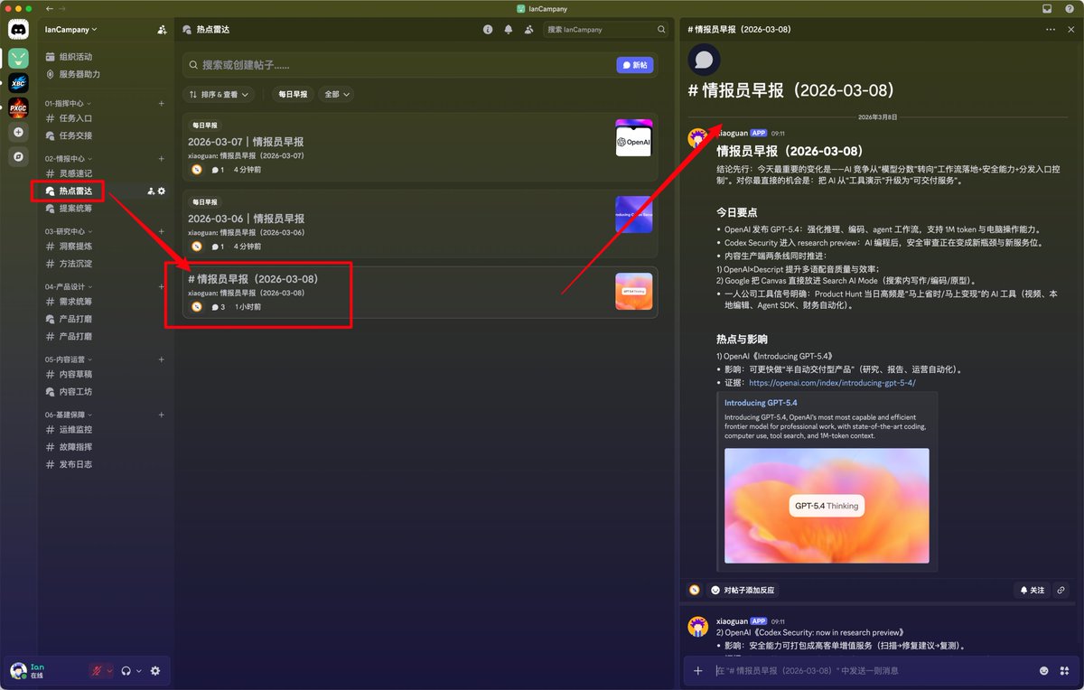 ianneo_ai's tweet photo. 继续说OpenClaw之discord，体验太好了！

它的杀伤力，不在能接多少 Agent，而在把信息放进 Discord 的三层结构后，体验直接翻倍

现在这样跑：

子频道看全局，帖子模块做好信息分类，子区查看详情、引用链接、讨论分支

整个阅读路径像走楼梯，不用在几十个窗口来回跳

然后情报员 Agent 的价值才真正出来：

它把外部信息持续流转进来，自动归档、自动串联、自动提醒

比如每日早报，遇到一个值得做的点，AI当场就能自动推到提案统筹

一人公司最怕信息噪音和情报断层

这个三层结构 + OpenClaw 自动化，等于给一个人配了一个情报中台

信息→判断→动作，终于跑在同一条流水线上

真用上以后，会很难再回去