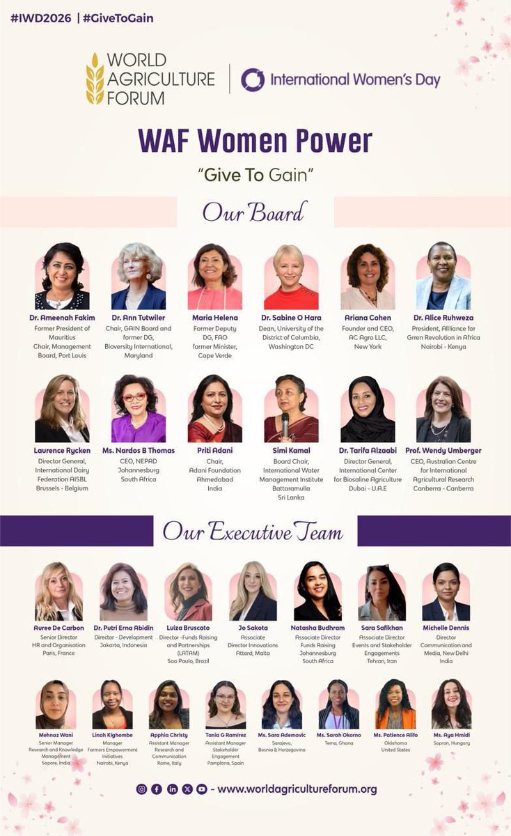 waforum_agri's tweet photo. On International Women’s Day, WAF celebrates the women shaping the future of global agriculture.  Empowering women in agriculture is key to global food &amp; nutrition security.
Today, we recognize the inspiring women of the WAF Board &amp; Executive Team.
#IWD2026 #WomensDay2026 #WAF https://t.co/wDU4NZOUWY