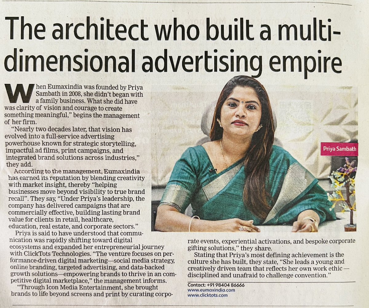 priyaiconn's tweet photo. Honored to be featured in The Times of India on this special day.
Grateful for the journey, the challenges, and the strength that comes with being a woman entrepreneur.

Wishing every incredible woman out there a Happy International Women’s Day.
Let’s continue to inspire, lead, and uplift each other. 🌸
#priyasambath #eumaxindia #clicktotstechnologies