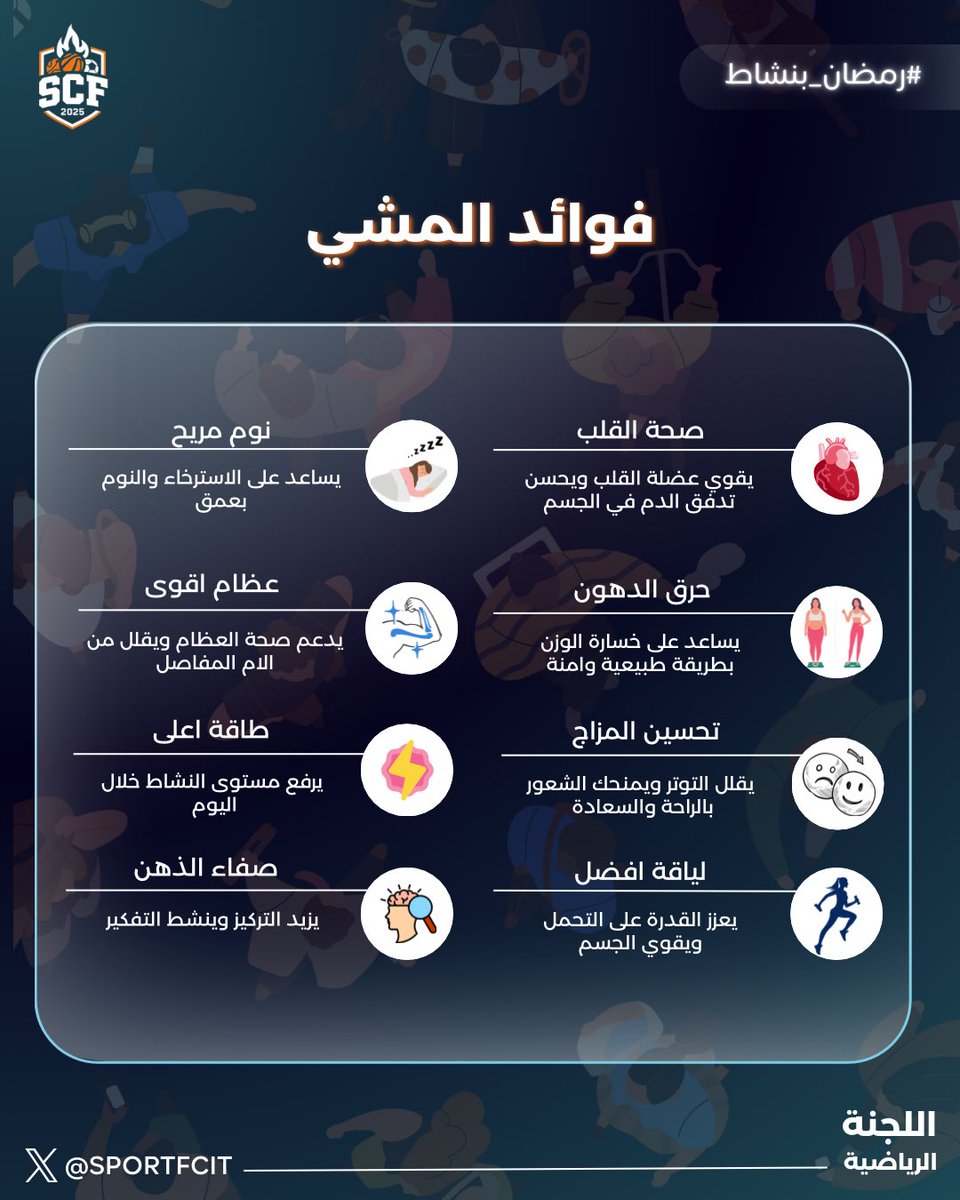 في شهر الخير، خلِ نشاطك غير🌙

المشي مو بس يحرق دهون، هو سر صفاء الذهن وتحسين المزاج بعد يوم صيام✨
استغلي وقتك وحافظي على لياقتك💪

#رمضان_بنشاط | #اللجنة_الرياضية | #SCF