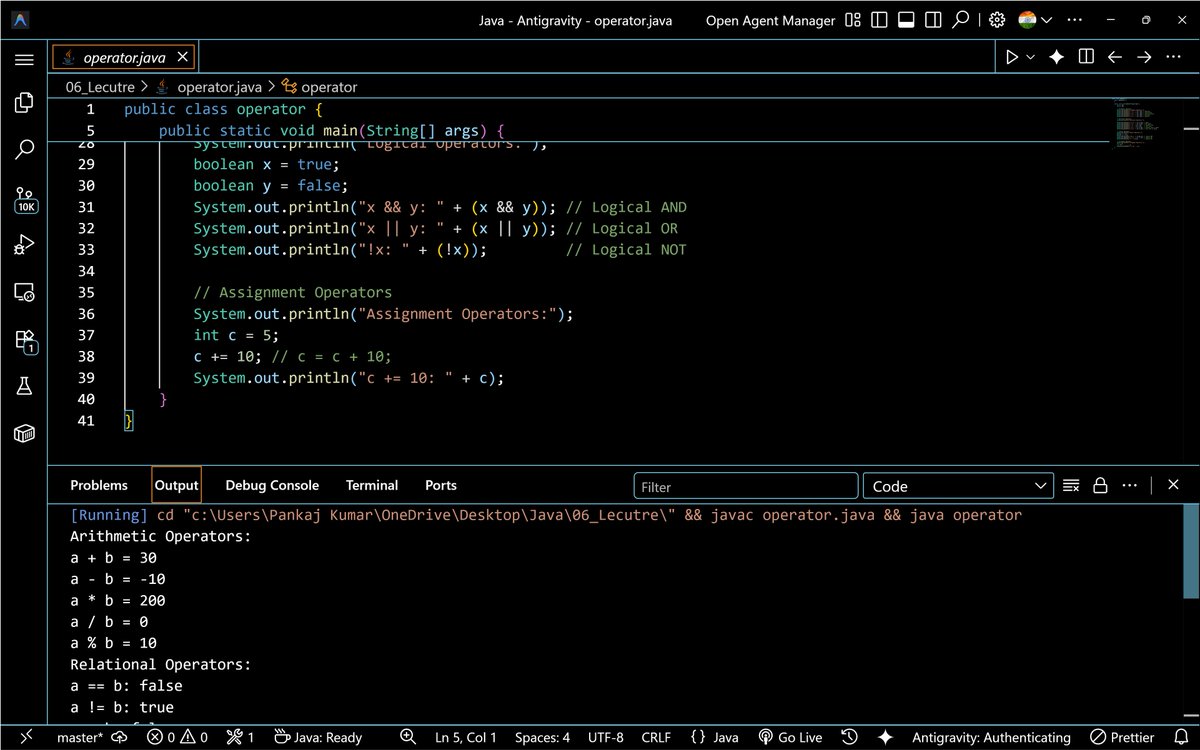 PankajB42550's tweet image. 🚀 Day 6 of my Java journey — learned Java Operators and how expressions are evaluated internally.

Arithmetic, Unary, Logical, Bitwise, Shift, Ternary OTR

Learning from
@rohit_negi9
@CoderArmy
@adityatandon02

Let’s connect 🤝 @PankajB42250
#Java #100DaysOfCode #ProgrammingLife