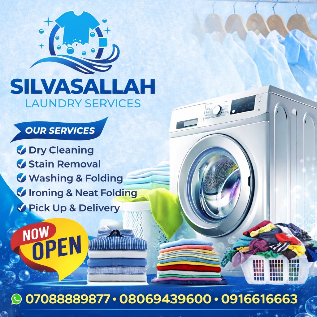 silvasallah's tweet photo. NOW OPEN!!! 🎉

Welcome to SilvaSallah Laundry Services 
Fast, clean, and reliable laundry you can trust.
We wash, dry, iron, and fold your clothes to perfection.

🚚 Pick-up &amp; Delivery Available
🧺 Your clothes always fresh and spotless.

Experience premium laundry care today! https://t.co/PquuGaxIzW