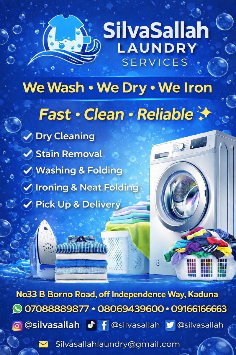 silvasallah's tweet photo. NOW OPEN!!! 🎉

Welcome to SilvaSallah Laundry Services 
Fast, clean, and reliable laundry you can trust.
We wash, dry, iron, and fold your clothes to perfection.

🚚 Pick-up &amp; Delivery Available
🧺 Your clothes always fresh and spotless.

Experience premium laundry care today! https://t.co/PquuGaxIzW