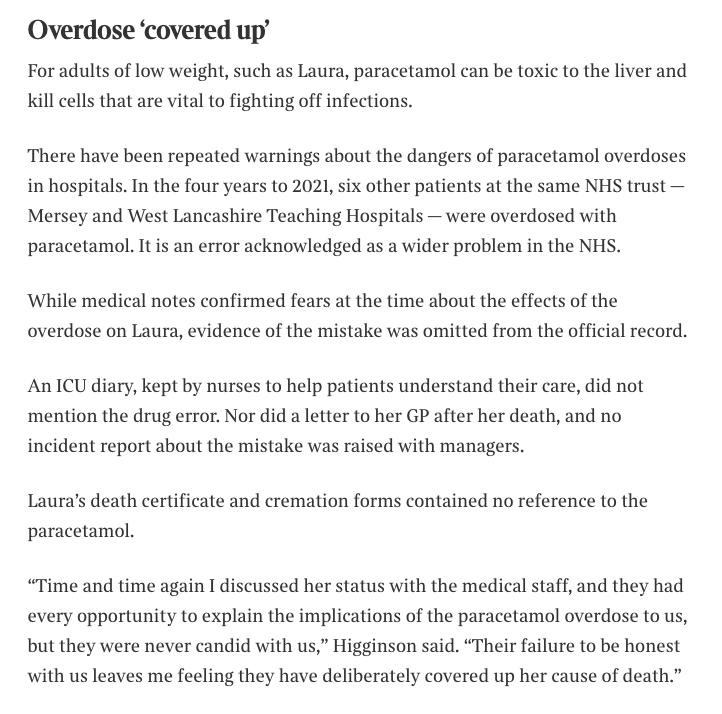 alexander_minh's tweet photo. Dreadful. Paracetamol overdose of underweight patient covered up. Only husband's persistence has now led to regulatory review of over 40 healthcare staff 9 years after death. 2 young kids. Mersey &amp; West Lancashire Teaching Hospitals (Southport &amp; Ormskirk)

https://t.co/Yad7XBa8Qb https://t.co/0vqrMN3j2u