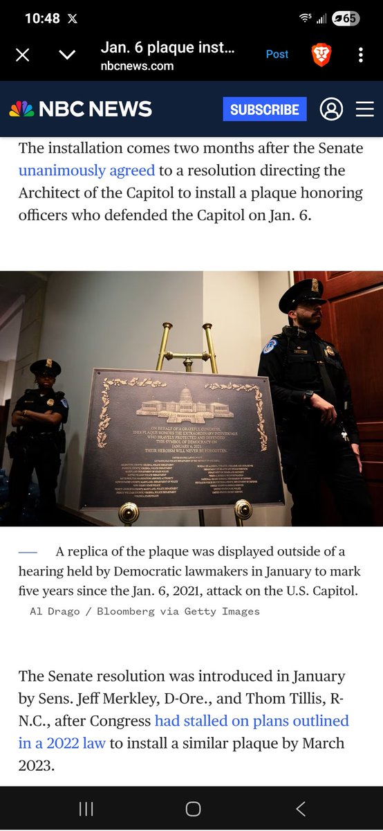 GeriPerna's tweet photo. So, not even ONE SENATOR voted against hanging this plaque honoring the police officers from Jan 6, who lied through their teeth about the events of that day? Republican Senator Tom Tillis said, "Thousands of thugs stormed the Capitol," and he is STILL INCLUDING Officer Sitnick as a death from that day!!! THIS IS WHY I HATE THIS GOVERNMENT! THIS IS WHY I WILL NEVER VOTE AGAIN!