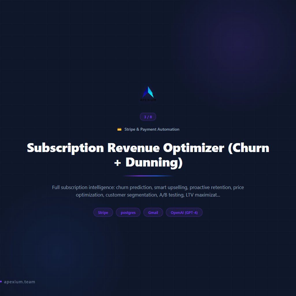 apexium0101's tweet photo. Automate every payment workflow in your Stripe stack

8 Stripe & Payment Automation workflows — ready to deploy:

→ Stripe Failed Payment Recovery (Email Drip)
→ AI-Powered Payment Recovery Emails
→ Subscription Revenue Optimizer (Churn + Dunning)
→ Stripe Dispute Alert + Case Tracker
→ Stripe Receipt + Archive + Ledger System
→ Stripe Checkout Follow-Up Bot
→ Stripe Cancellation Feedback Collector
→ n8n Workflow Auto-Debugger (AI Error Fixer)

Invoicing, dunning, reporting, and reconciliation on autopilot.

Built with n8n. No code required.

#n8n #Automation #Stripe #Payments
