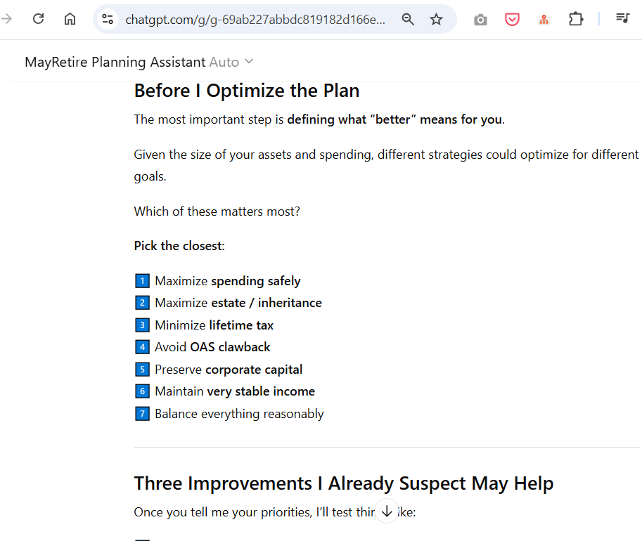 New experiment for MayRetire users: I’ve added a ChatGPT-based MayRetire Planning Assistant that can help optimize your retirement plan.
If you have ChatGPT Plus or Pro, try it here: mayretire.com/gpt
You can attach your current MayRetire plan as a JSON file, and the