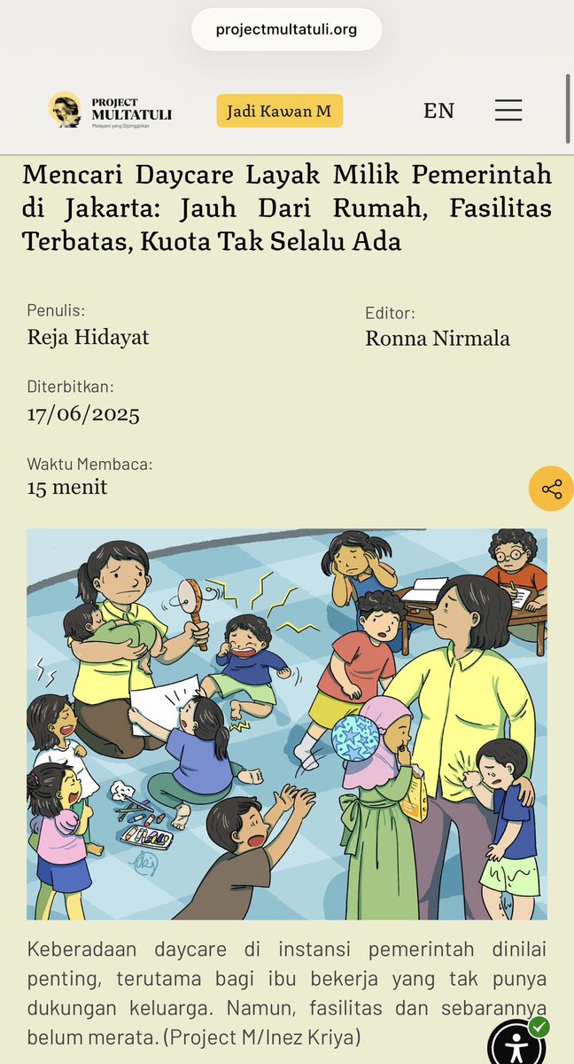 projectm_org's tweet photo. Di UU KIA, ada pasal yang mengatur “setiap ibu yang bekerja berhak mendapatkan akses penitipan anak yang terjangkau secara jarak dan biaya” (pasal 4 ayat 3 huruf e).

Penting bagi kita menagih implementasi nyata dari pemerintah, terutama dalam menyediakan layanan daycare yang benar-benar terjangkau bagi semua kalangan.

Kenapa ini penting? Daycare yang terjangkau bukan hanya tentang membantu ibu bekerja, tetapi juga soal:  
✅ Meningkatkan partisipasi kerja perempuan  
✅ Mengurangi kesenjangan upah gender  
✅ Mengurangi stres psikologis ibu, bahkan risiko KDRT

https://t.co/2jekJUlk1Z

https://t.co/bLjgL7iaX2

https://t.co/PgYwYk3Kwr
