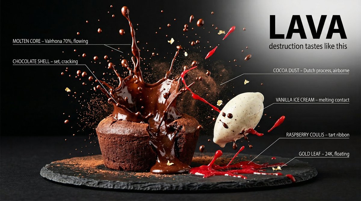 Prompt Studio: Food, Liquid Explosion with Nano Banana 2 in Firefly

[DISH] captured at the exact millisecond of a dramatic liquid explosion, high-speed photography frozen in time, every droplet suspended mid-air with razor precision. Hero [DISH] at center perfectly intact and