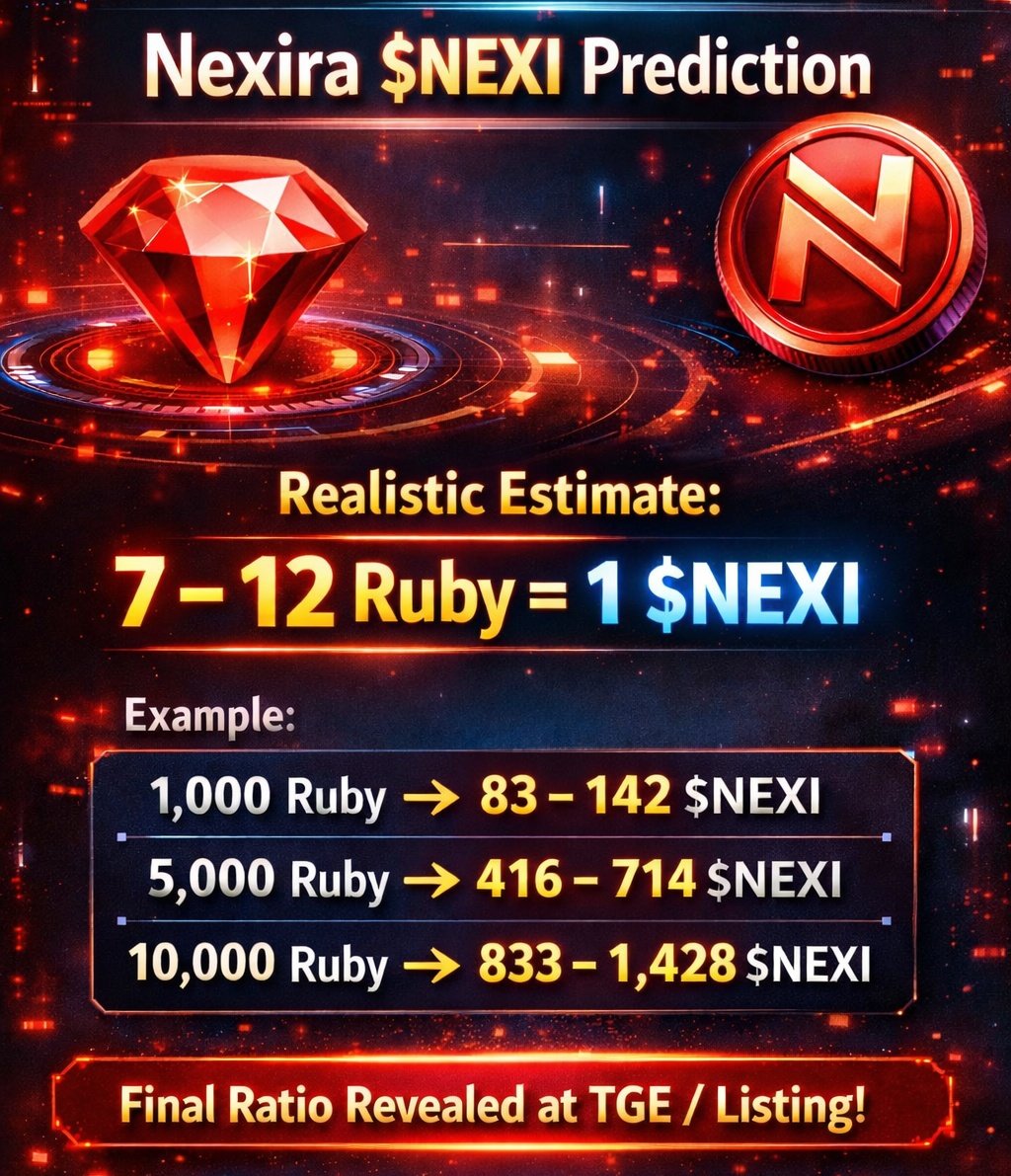 cryptonexxt's tweet photo. Nexira $NEXI Airdrop Prediction 👇

Most people are expecting 3–5 Ruby = 1 $NEXI.
That looks unrealistic.

My estimate:

7 – 12 Ruby = 1 $NEXI

Example:

• 1,000 Ruby → ~83 – 142 $NEXI
• 5,000 Ruby → ~416 – 714 $NEXI
• 10,000 Ruby → ~833 – 1,428 $NEXI

⚠️ Final ratio will be revealed at TGE / listing.

#NEXI #Nexira #Airdrop