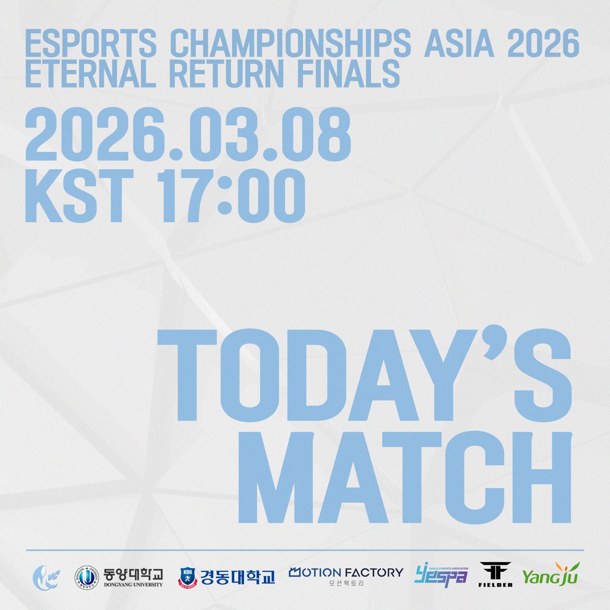 Yangju_Whale's tweet photo. | MATCH DAY |
ESPORTS CHAMPIONSHIPS ASIA 2026 ETERNAL RETURN FINALS
π Start Time: 2026.03.08 17:00 KST
π‘ Format: ONLINE
πΊ Live Broadcast
μ½μ½λ‘ λ μ±λ: https://t.co/AE01ACwYsD
LETβS GO Yangju Whales! π
#YangjuWhales #EternalReturn #YJSWIN https://t.co/ZEKuAyH7sd
