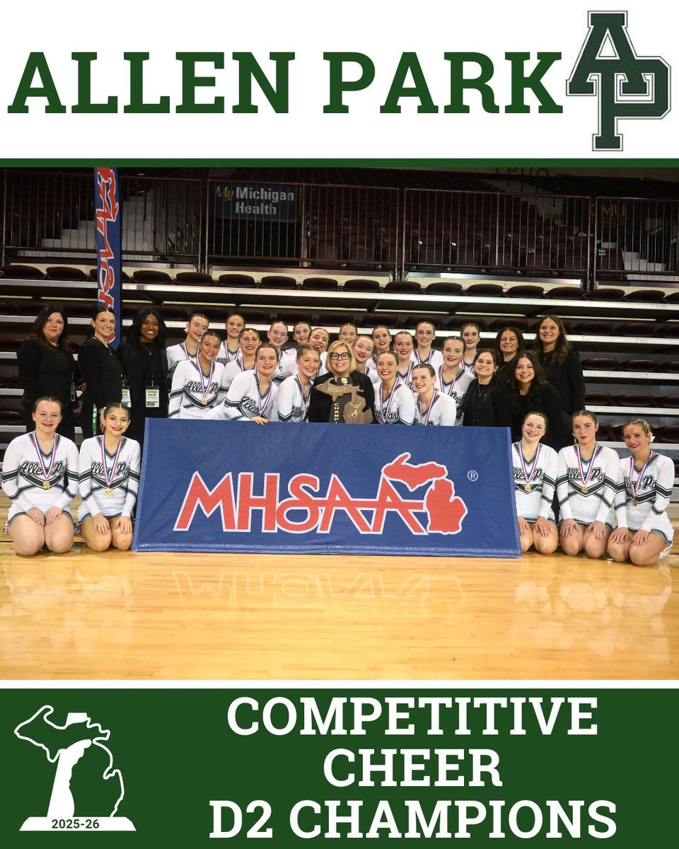MHSAA's tweet photo. 📣 D2 COMPETITIVE CHEER FINAL: D2 Comes Down to Rivals Once More, but Allen Park Holds On to Complete 3-Peat >> https://t.co/yQyuwZKpyJ🏆👀⁣⁣⁣⁣⁣ ⁣
#CompetitiveCheer #Finals #Congratulations #Champions #AllenPark #Jags #MHSAA https://t.co/YYM99diQ8F