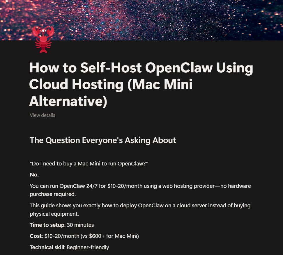 sumitdoriya21's tweet photo. no mac mini? no problem

i've had dozens of people ask me how to run openclaw
without dropping $600+ on hardware

so i created the playbook

step by step guide on how to self host openclaw
using a cloud hosting provider

Want it FREE?

Comment 'HOST' and i'll send the full guide over
@SumitDoriya