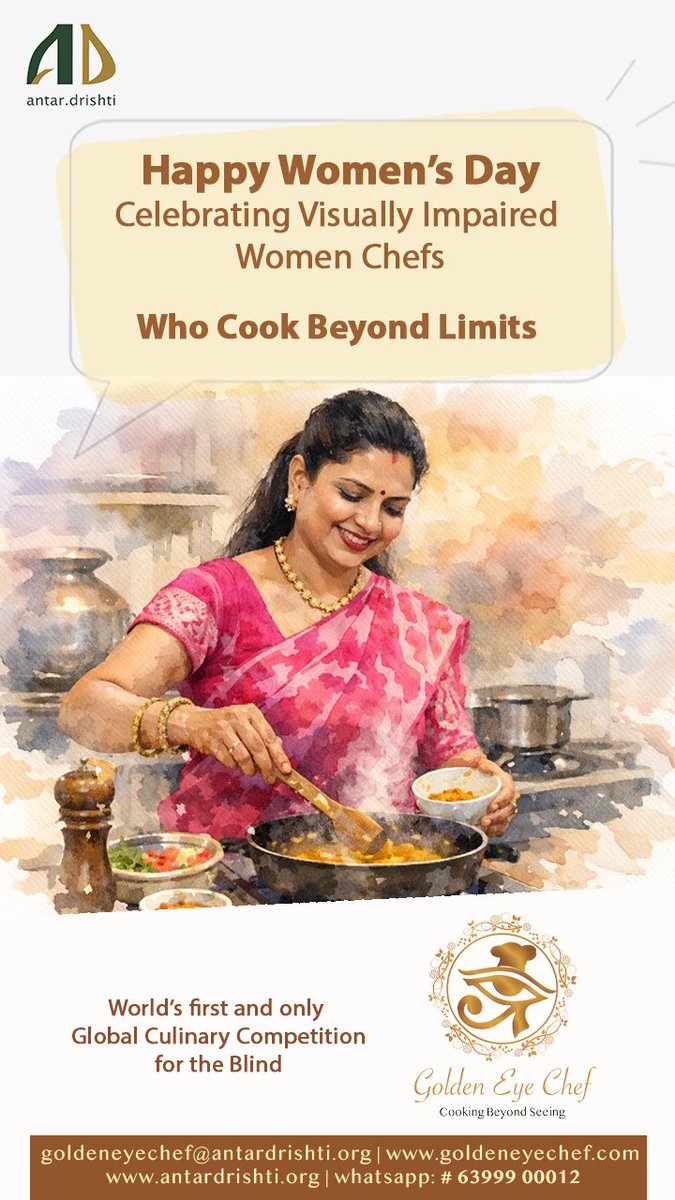 Golden_Eye_Chef's tweet photo. This #WomensDay, we celebrate visually impaired women chefs who are proving that passion and talent go beyond sight. 🌸

Through Golden Eye Chef – the world’s first global culinary competition for the blind.

#GoldenEyeChef #CookingBeyondLimits #Inclusion #blind #cooking https://t.co/52JDtyaCHY
