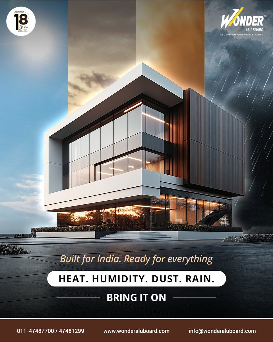 AluBoard's tweet photo. India’s climate is diverse and demanding. From intense heat to heavy rains, Wonder Alu Board panels are designed to handle changing conditions while keeping structures strong and visually striking.

#WonderAluBoard #ACPIndia #WeatherResistant #ExteriorSolutions #FacadeCladding https://t.co/4VFxRdRIW1