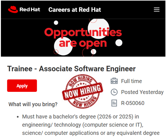 fjafreshers's tweet image. 🚀 Red Hat #HiringFreshers

💼 Trainee – Associate Software Engineer
🎓 BE / BTech – CS / IT / Related
👶 Freshers | Batch: 2025–26
💰 7+ LPA (Expected)

🔗 Apply: tinyurl.com/red-hat-freshe…
👉 Follow for daily fresher &amp;amp; MNC jobs

#RedHat #FreshersJobs #OffCampus #ITJobs #Jobs2026