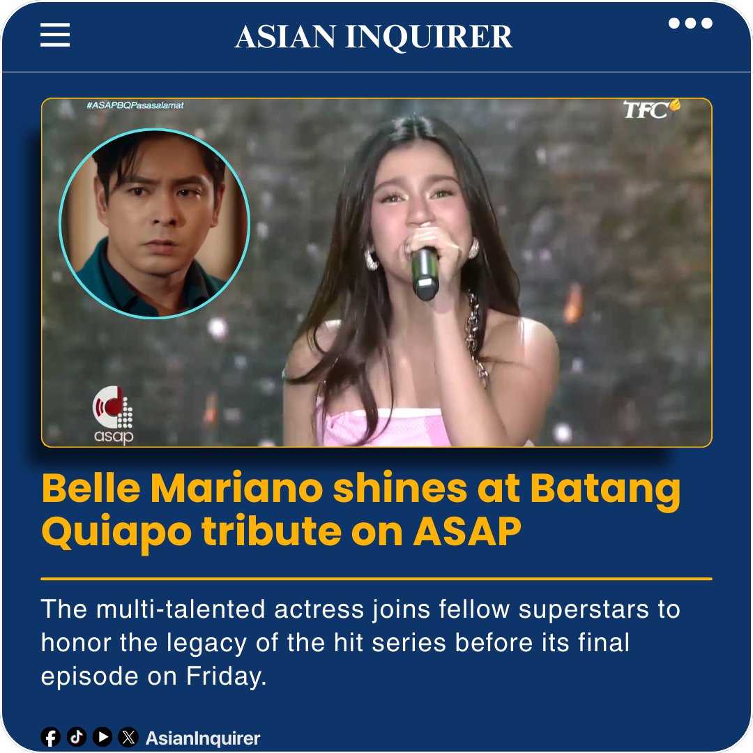 asianinquirer's tweet photo. Primetime superstar Belle Mariano is set to lead the star-studded opening for the FPJโs Batang Quiapo thanksgiving special.
This high-profile event takes place on March 8, 2026, during the long-running musical variety show ASAP Natin โTo.
#BelleMariano
#BatangQuiapo
#ASAPNatinTo https://t.co/nEBJyq4d5C