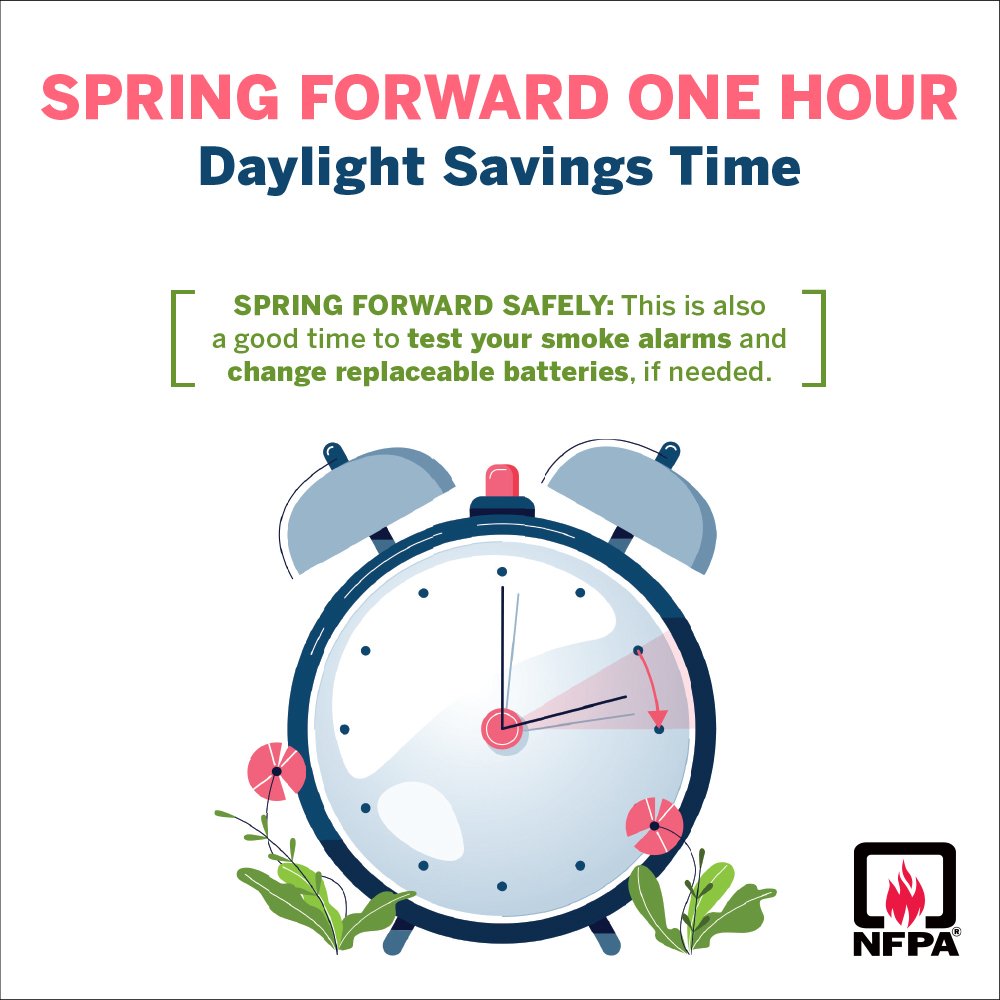 SUNRIVERFD's tweet photo. It's clock time again!  Let's spring forward one hour at 2am Sunday!  This is the time where we replace those smoke and carbon monoxide alarm batteries or check the expiration date of those with permanent batteries. As always, do your monthly test to make sure they are working. https://t.co/cUkcUCBCXJ