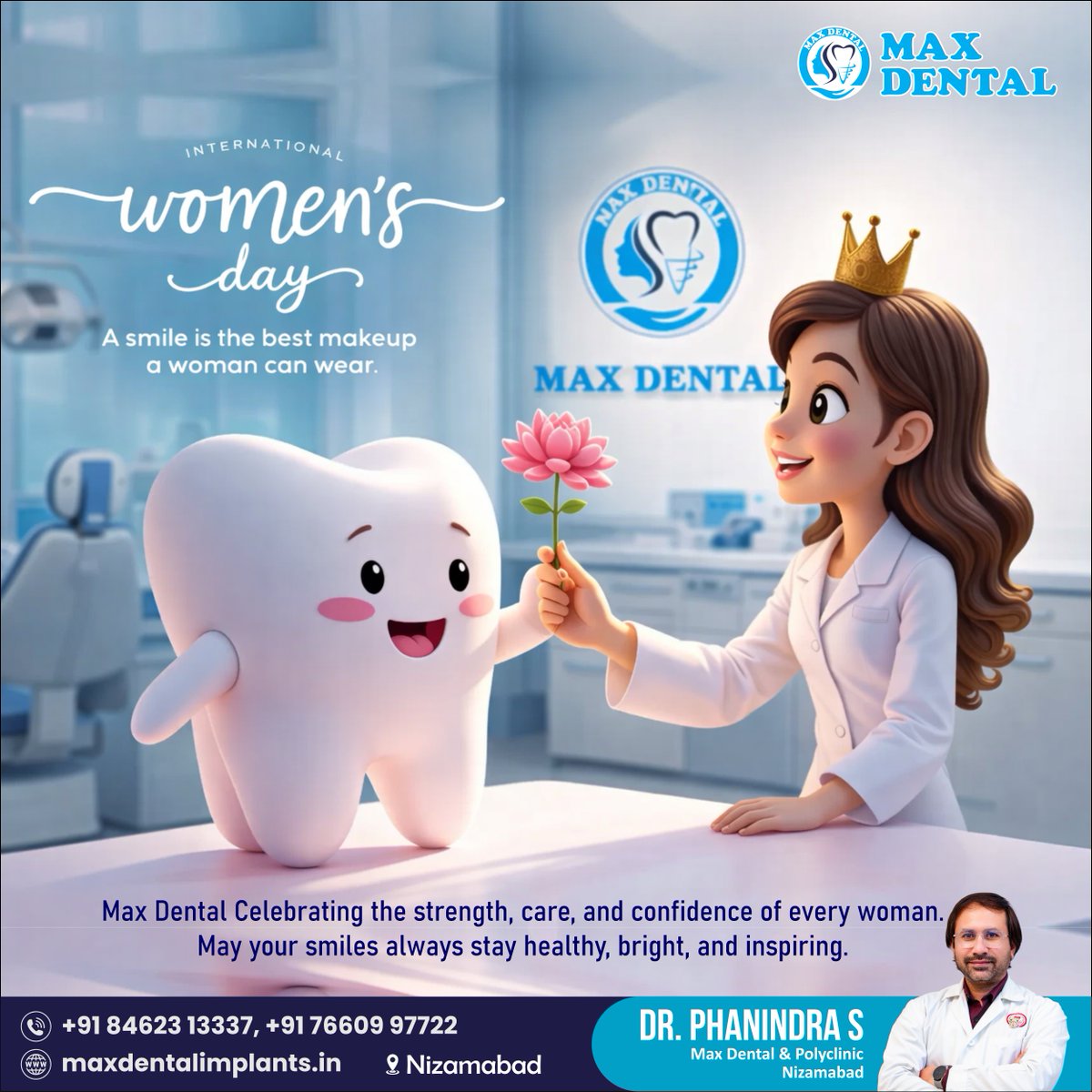 SAIMAXDENTAL1's tweet photo. Happy *International Women’s Day* to all the amazing women who brighten the world with their strength, care, and beautiful smiles.

#WomensDay #drphanindra_max_dental #maxdental #drphanindras #phanindra_sandebiksham #InternationalWomensDay #MaxDental #WomenPower #nizamabad https://t.co/1SnwoBpcdK