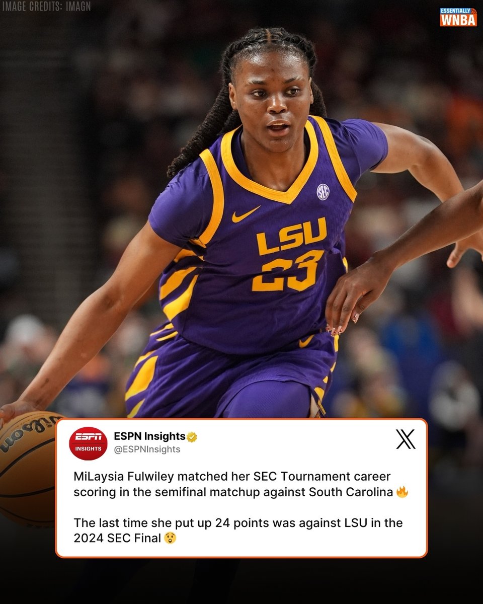 essentially_w's tweet image. Another big SEC Tournament moment for MiLaysia Fulwiley. 🔥🏀

Fulwiley matched her SEC Tournament career-high with 24 points in the semifinal clash for South Carolina Gamecocks women's basketball, showing the same scoring burst that has made her one of the tournament’s most