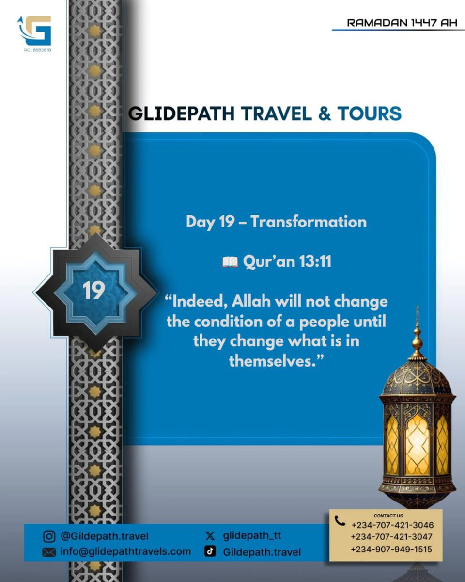 glidepath_tt's tweet photo. Day 19 – Transformation
📖 Qur’an 13:11
“Indeed, Allah will not change the condition of a people until they change what is in themselves.”
#RamadanDay19 #RamadanMubarak https://t.co/OjW5r3Wxlt