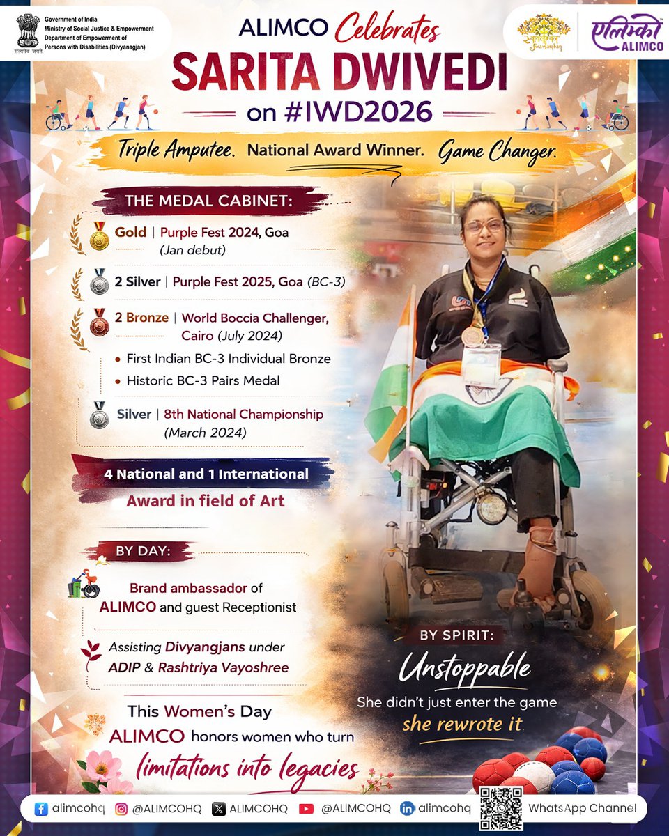 ALIMCO celebrates Sarita Dwivedi on #IWD2026 🌸
Triple amputee. National Award Winner. Game Changer. 🏅
Gold at Purple Fest 2024 | 2 Silver at Purple Fest 2025 | 2 Bronze at World Boccia Challenger, Cairo | Silver at 8th National Championship.
By profession: Brand Ambassador,