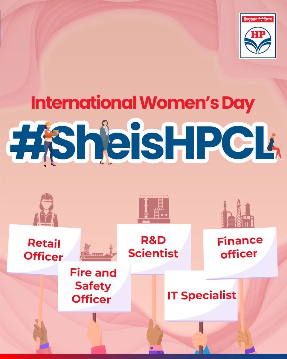HPCL's tweet photo. This International Women’s Day, we celebrate the Women of HPCL - the engineers, leaders, innovators, and professionals who power progress every day.

Across refineries, offices, research labs, and field operations, their dedication, expertise, and resilience play a vital role in driving HPCL forward and strengthening India’s energy future.

Their contributions remind us that when women lead, innovate, and inspire, industries transform and possibilities expand.

Here’s to the women who continue to break barriers and shape the future of energy.

@HardeepSPuri @PetroleumMin @TheSureshGopi @Secretary_MoPNG @neerajmittalias 

#InternationalWomensDay #WomenOfHPCL #SheIsHPCL #HPCL #DeliveringHappiness