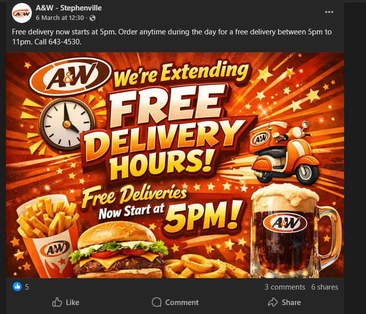 squapejuice's tweet photo. @AWCanada Your franchise in Stephenville, NL is using AI-generated advertisements with the wrong trademark and logo. You might want to do something before they get into legal trouble due to the misused and edited US logo. https://t.co/A3D8lYqAN4