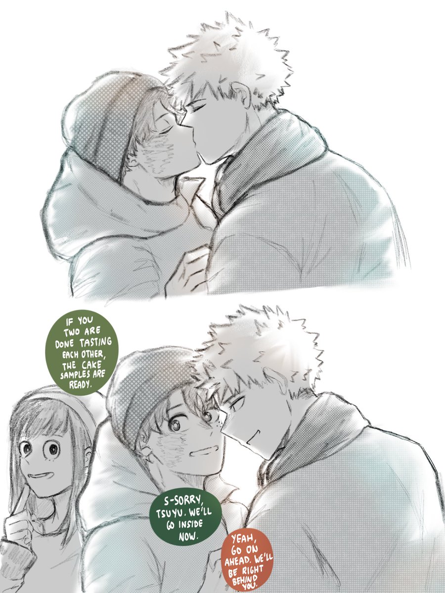 bkdk

kiss all the time. cake testing, occasionally.

—

my hc is that their friends help them in the wedding plans. tsuyu going with them for cake taste test and sato baking the cakes.