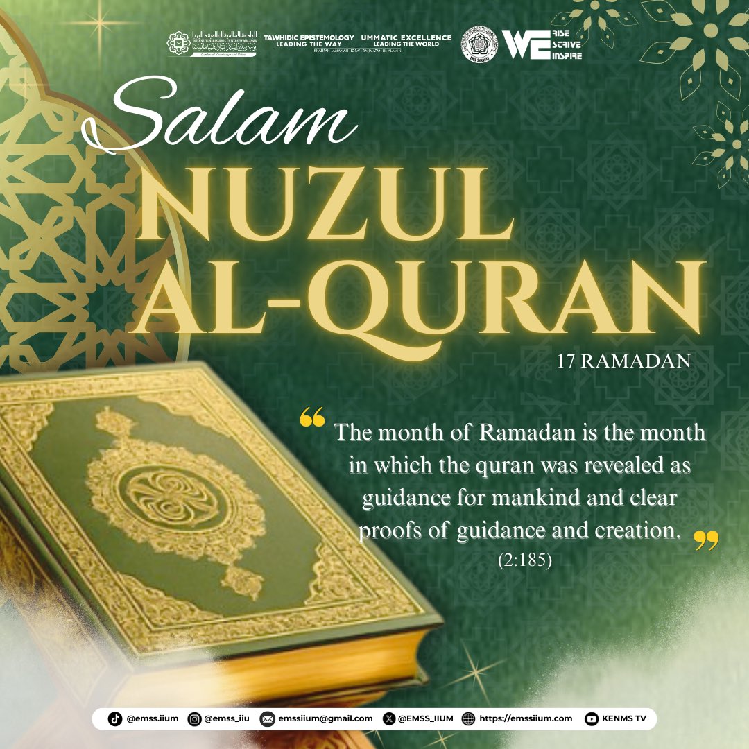 EMSS_IIUM's tweet photo. [NUZUL AL-QURAN 1447H]

Assalamualaikum w.b.t.,

On this blessed night of Nuzul al-Quran, the Economics and Management Sciences Society warmly greets all Muslims. 

Let us strive to strengthen our character and actions in accordance with its guidance. https://t.co/WM3XFOwUWG