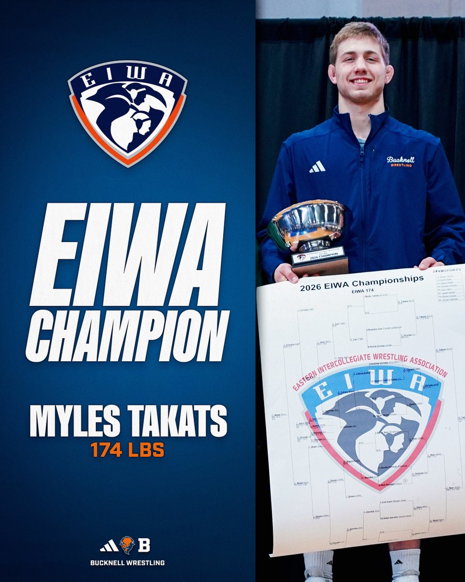 Bucknell_WRST's tweet photo. TAKATS ATTAKS!
Takats won the first 174-pound title and sixth overall individual EIWA title in Bucknell history!
The junior grappler blitzed through the opposition and earned the automatic NCAA bid!
He has got a smile, a "Myles" wide!
#rayBucknell | #WinFromWithin https://t.co/b7ddqVLo4b
