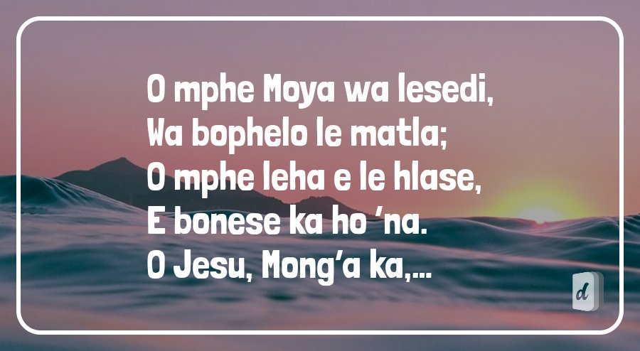 DifelaApp's tweet photo. O mphe Moya wa lesedi,
Wa bophelo le matla;
O mphe leha e le hlase,
E bonese ka ho ‘na.
O Jesu, Mong’a ka,
O se ntebale le ‘na!
🙏🏽🙏🏽🙏🏽 https://t.co/7ZqFDPZu0h