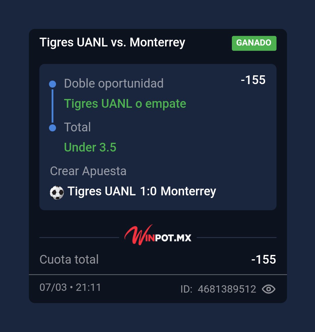 GANAMOS TODO DE LIGA MX HOY 🇲🇽🔥

✅ Atlas +1.5 &amp; Under 4.5
✅ Pachuca ML
✅ Parlay de Unders +152 Liga MX
✅ Tigres/empate y under 3.5