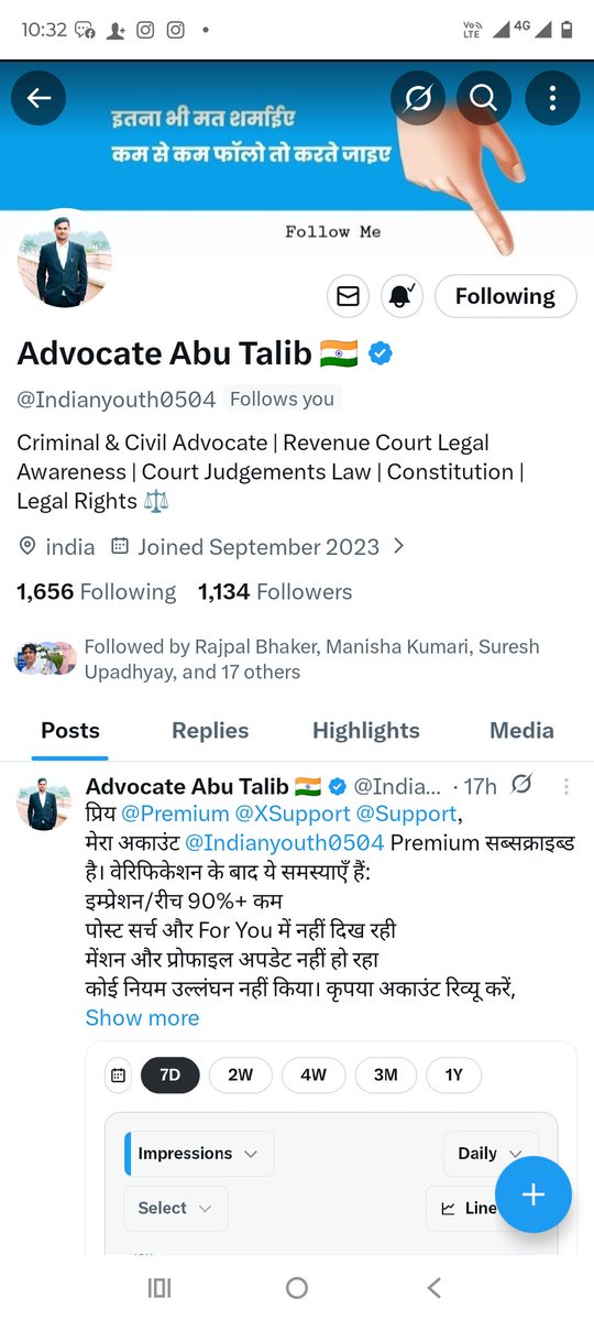 AbuTalibKh99321's tweet photo. Hello X Support,
My account @Indianyouth0504 impressions suddenly dropped.
Earlier my posts used to get good reach but now impressions are very low.
Please review my account and check if there is any restriction or visibility issue.
Thank you. @X #XPremium #helpcenter #support https://t.co/ufKO4y9I4Y