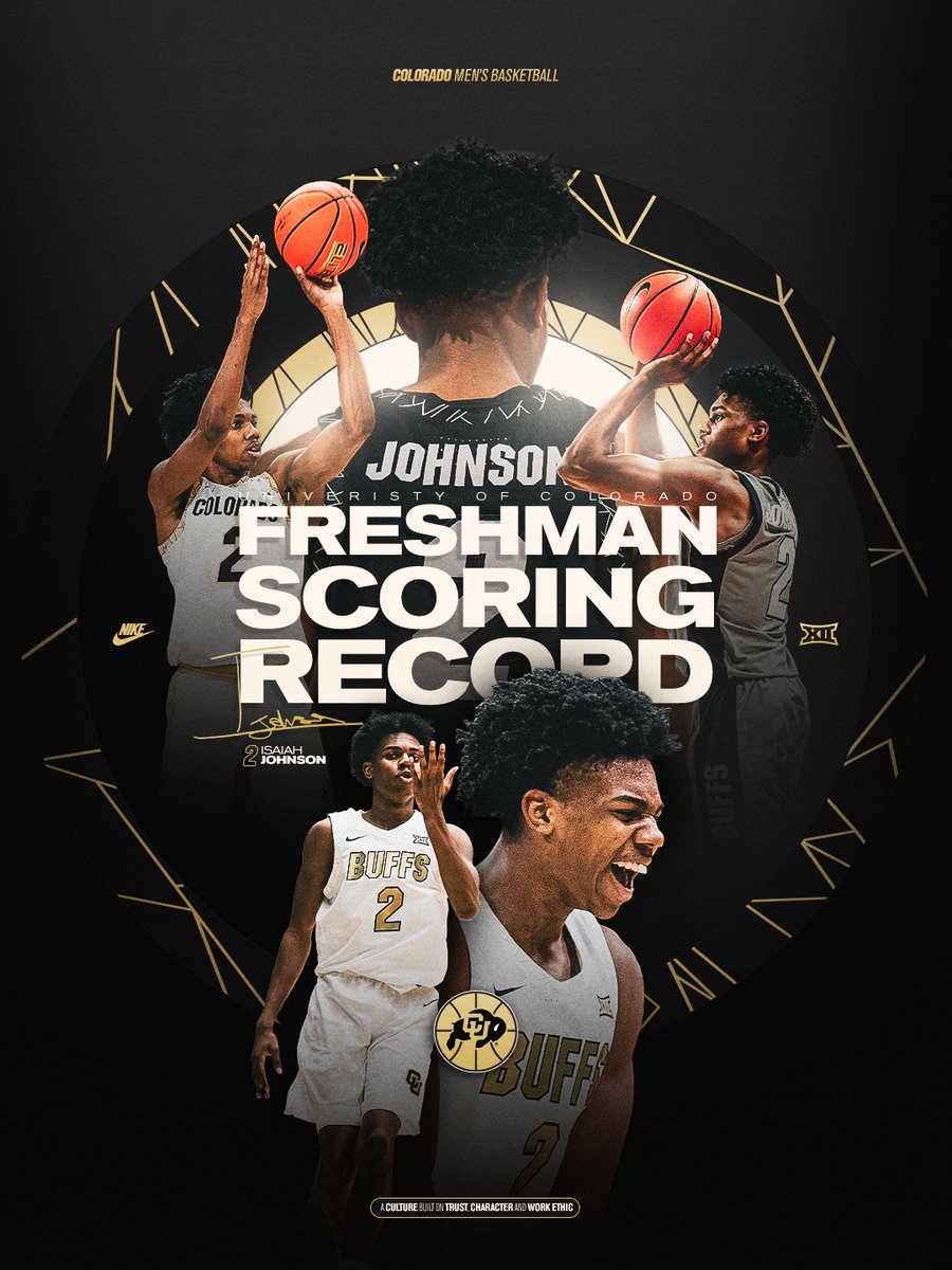 CUBuffsMBB's tweet photo. rewriting the record books. 

Isaiah Johnson is your all-time leader in freshman scoring with 513 points and counting 🦬

@isaiahj___ https://t.co/em0H1xIN6u