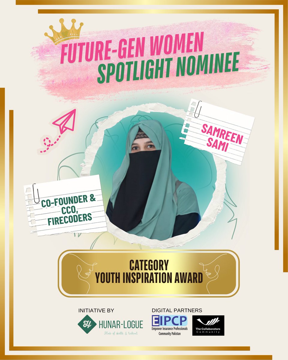 HunarLogue's tweet photo. Samreen Sami – Youth Inspiration Award

Co-Founder &amp; CCO at FireCoders, AI &amp; full-stack developer skilled in Python, WordPress &amp; UI/UX. Inspiring youth to explore innovation, technology &amp; digital entrepreneurship.

#IWD2026 #WomenInTech #HunarLogue https://t.co/rFfcSKSJPN