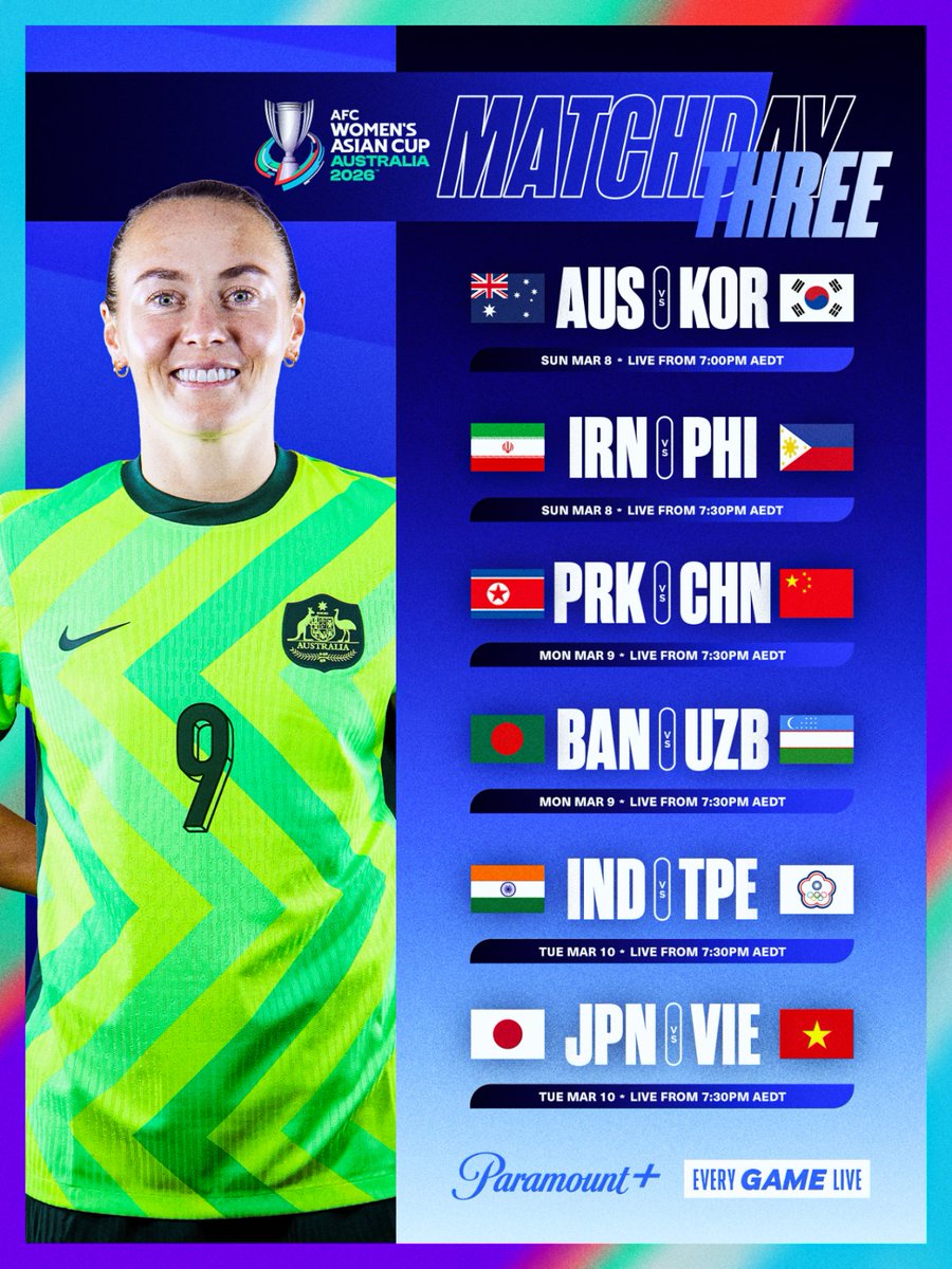 It's time for Matchday Three of #WAC2026 ✨

Six group stage games remain, headlined by a BLOCKBUSTER matchup tonight between @thematildas and Korea Republic 🇦🇺🇰🇷

Watch every match of the 2026 AFC Women's Asian Cup live on Paramount+ 📺