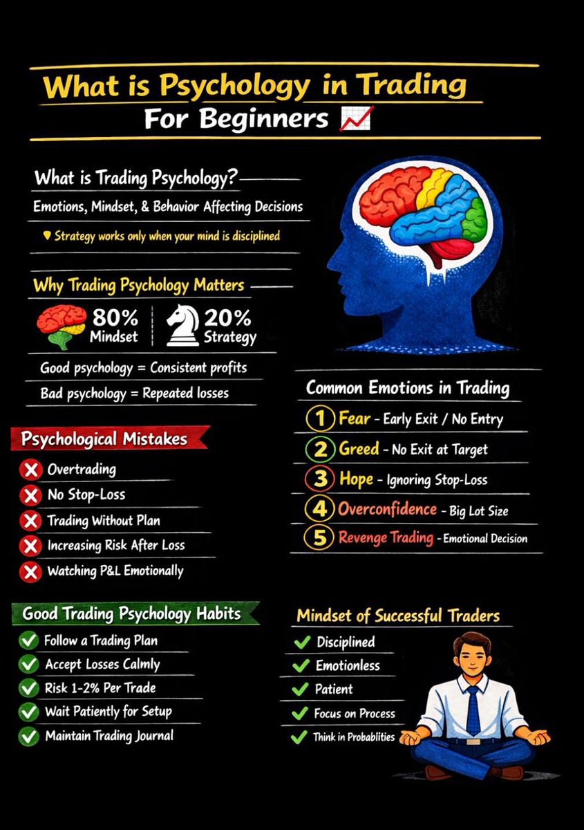 studybitcoins's tweet photo. 🧠 Trading Psychology for Beginners 📈
Your strategy means nothing if your mindset isn’t right.

In trading, 80% is psychology – only 20% is strategy.
Fear, greed, hope, and overconfidence are the real reasons most traders lose money.

✅ Habits of successful traders:
• Follow a clear trading plan
• Accept losses calmly
• Risk only 1–2% per trade
• Wait patiently for high-probability setups
• Focus on process, not money

👉 Save this post for daily reminders