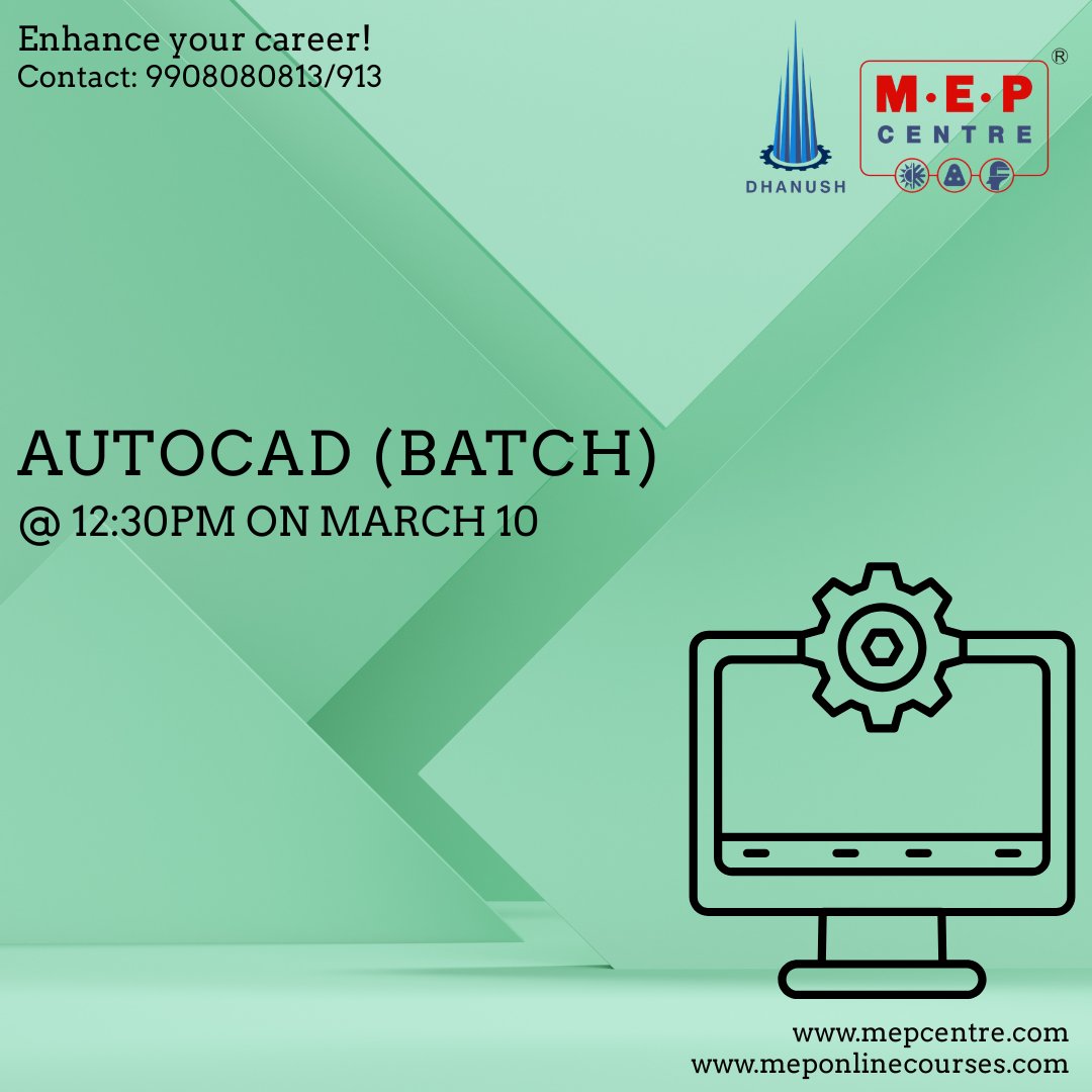MEPCentrepage's tweet photo. Enhance your career! New AutoCAD batch starts March 10, 12:30 PM. Call 9908080813 for more information. 

#AutoCAD #MEPCentre #EngineeringSkills #CareerGrowth #DesignTraining #Drafting https://t.co/T6BBp9FTnC