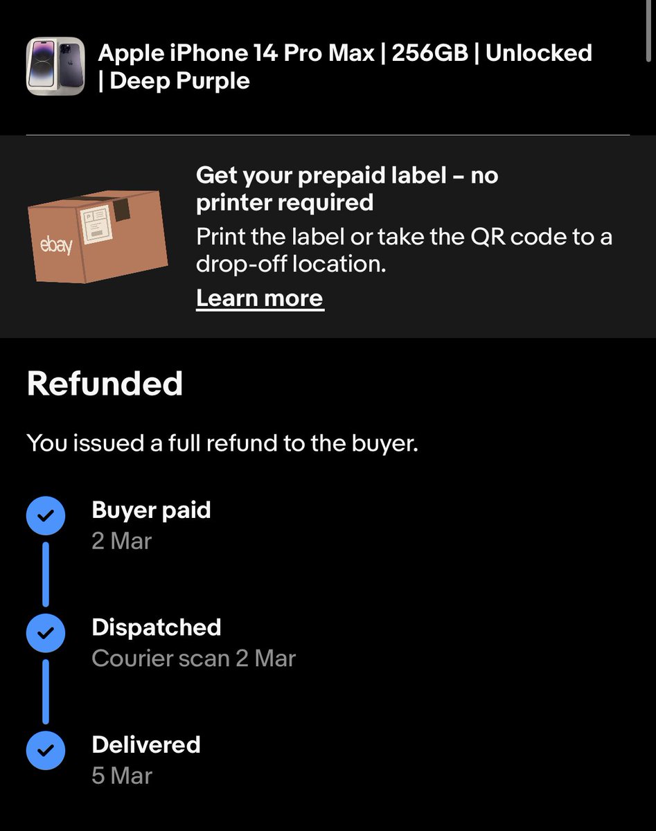 0pt1x's tweet photo. @eBay @AskeBay I sold an iPhone 14 Pro Max, dispatched with Royal Mail tracking, marked delivered. Buyer ADMITTED in writing it went to wrong address, that’s a Royal Mail error, not mine. You’ve refunded £295 from MY account and permanently suspended me. This is not okay. #eBay https://t.co/3CxLW3QXBA