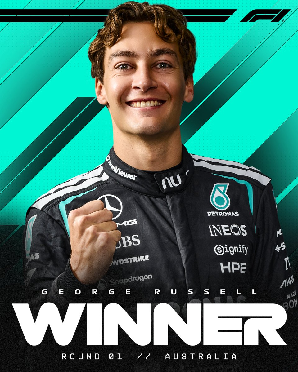F1's tweet image. GEORGE RUSSELL WINS IN MELBOURNE! 🏆👏

An incredibly strong drive from the Mercedes driver to lead home a 1-2 for the team 🤩

#F1 #AusGP
