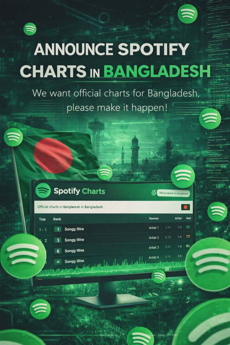 btsbdstreamers's tweet photo. Repost &amp; Reply ‼️

Hello, @Spotify @SpotifyCares
We've had Spotify for 5 years, but still no charts. We are waiting for the official Bangladesh  charts. Please consider our idea!!

#BringSpotifyChartstoBD
 #BDdeserveSpotifyChart https://t.co/OIkyPmen12