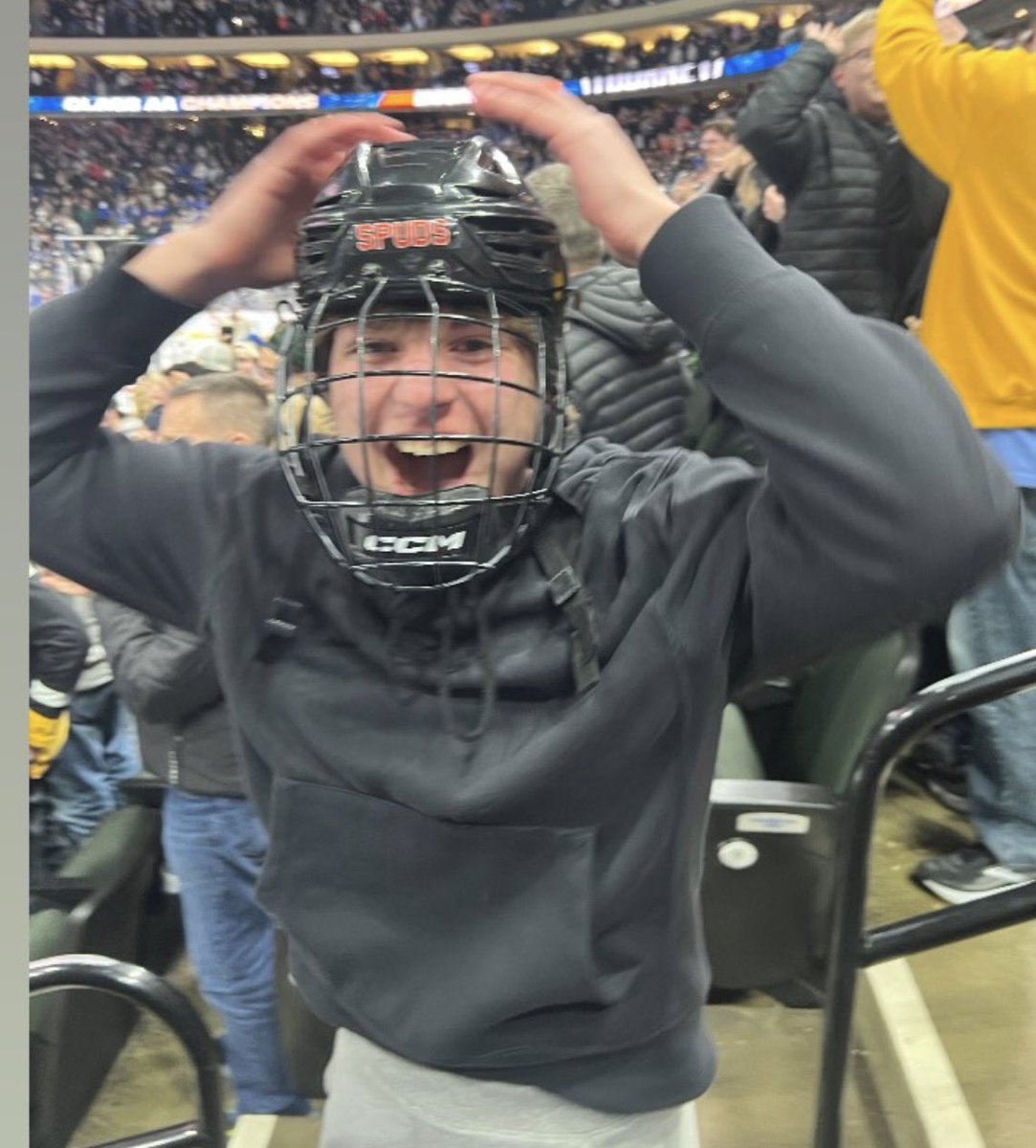 Evan Hyrkas, a SR FWD from Armstrong-Cooper, captured Evan Wanner’s flying helmet tonight following the game winner…and he put it on!!