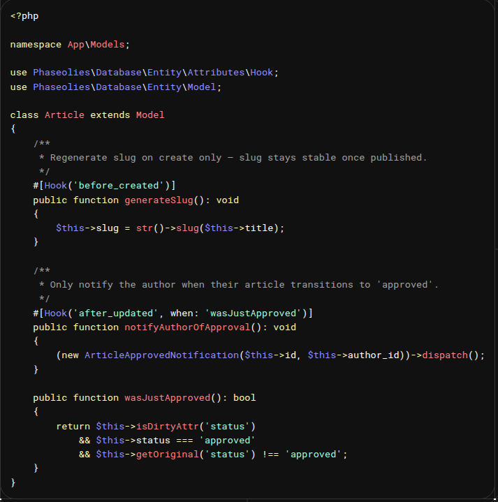 dopparframework's tweet photo. Doppar supports three hook styles — inline array callbacks, class-based hook handlers, and PHP attribute hooks — all on the same model if needed. 

The when conditional is a standout feature: hooks fire only when your runtime condition returns true. https://t.co/h1IFTBoZVf