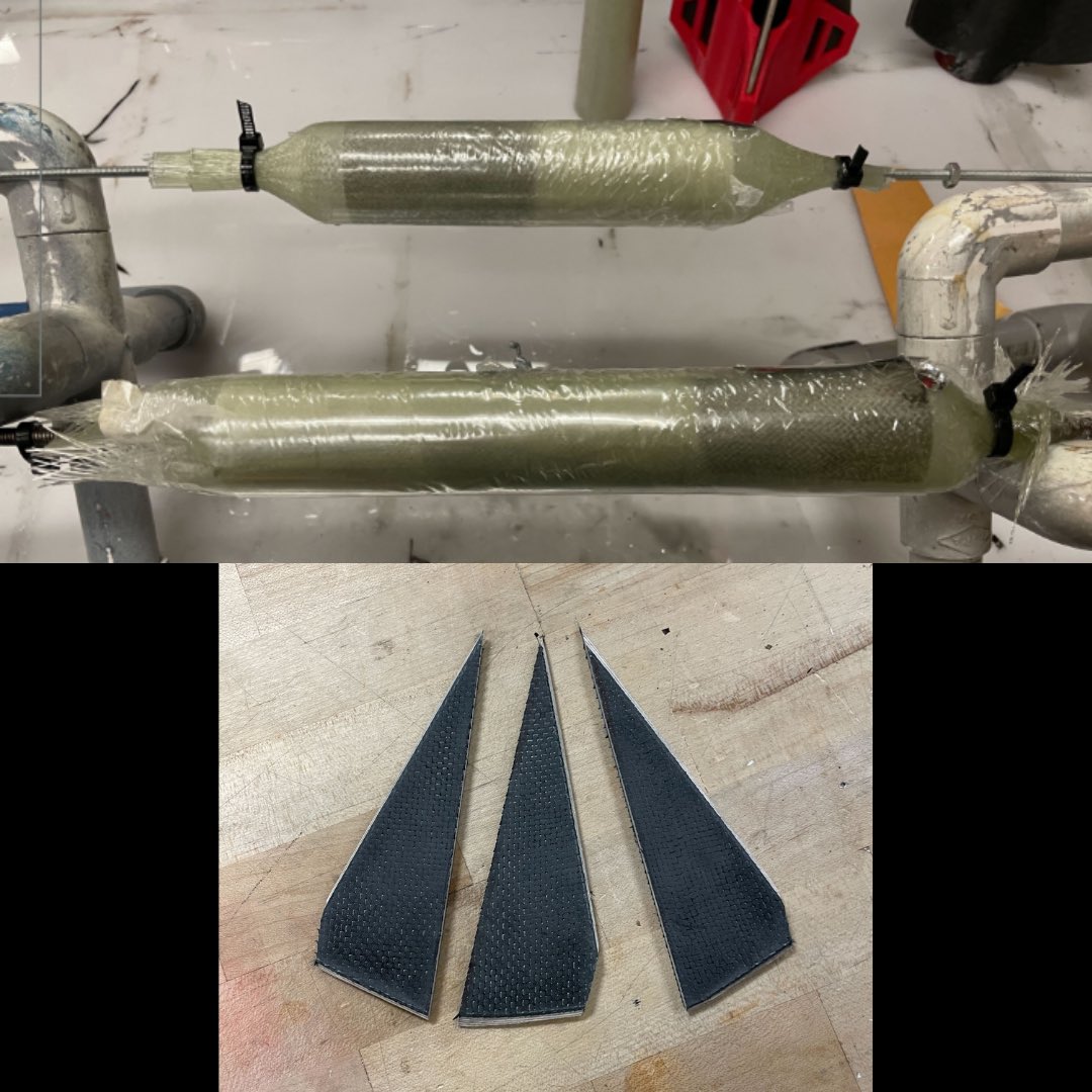 NCSURocketry's tweet photo. 2/22–2/28: Post-launch analysis and working towards the next flight. Fin refinements + 3-point bending tests, drogue repair, leg testing, resolving motor stalling, launch data analysis for airbrake, AV bay redesign, new airframe fabricated.
#ncspacegrant #nasastudentlaunch https://t.co/voFhQF5a8M