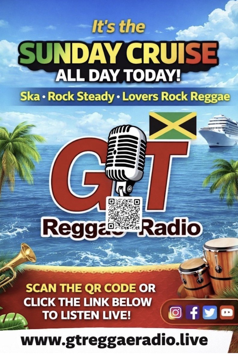 gtdancehall's tweet photo. 🌴 Sunday Cruise – All Day Today!
Ska • Rock Steady • Lovers Rock 🎶
📡 Broadcasting from the historic town of Black River, Saint Elizabeth, Jamaica W.I. 🇯🇲
🔊 Listen Live: by scanning  QR code or  click this link >>
https://t.co/K77U80gUIU Streaming to 182 countries worldwide. https://t.co/9f8mgh7GYV