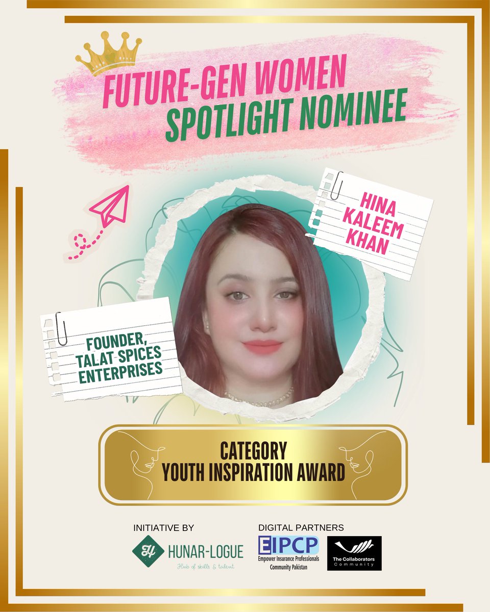 HunarLogue's tweet photo. Hina Kaleem Khan – Youth Inspiration Award
Founder of Talat Spices Enterprises &amp; skilled Brand Designer, Hina inspires women with vision, creativity &amp; resilience, shaping the future of modern business in Pakistan.
#IWD2026 #WomenInLeadership #HunarLogue https://t.co/j4vwE2ZNdk