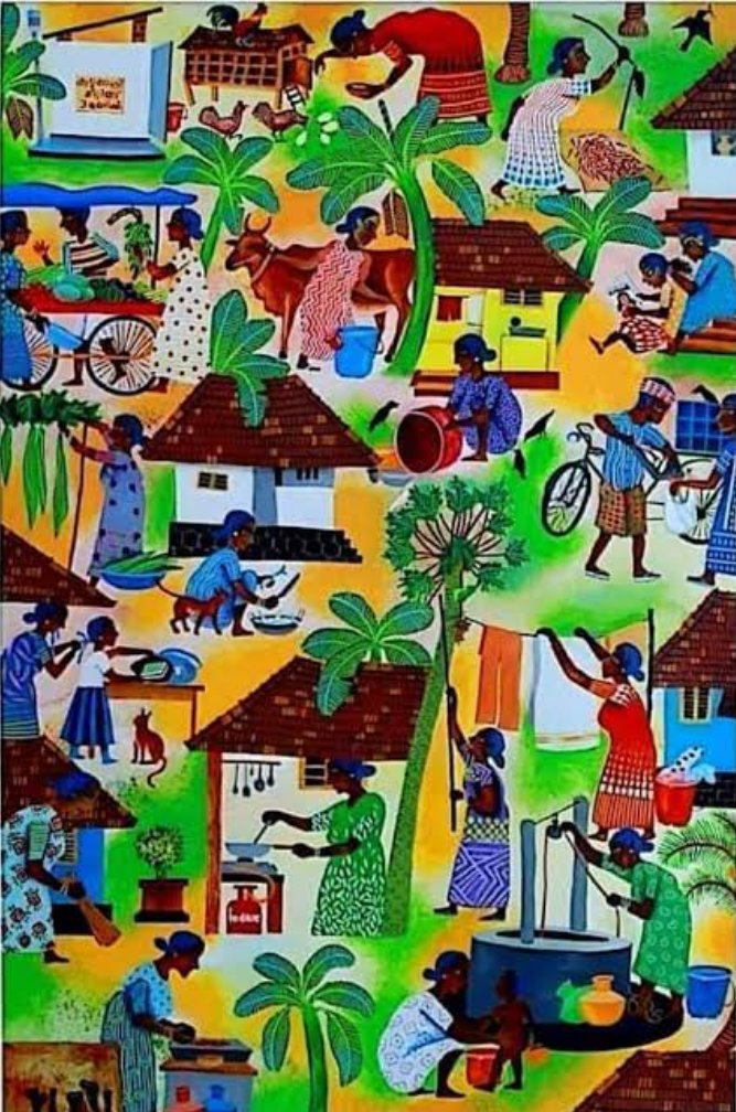 In 2020-21, a 9th-grade student named Anujath Sindhu Vinaylal from Thrissur, Kerala made this painting titled it "My Mother and Mothers in the Neighborhood"

There is a popular story that he did it when his father told him that his mother doesn't work....not sure of this.