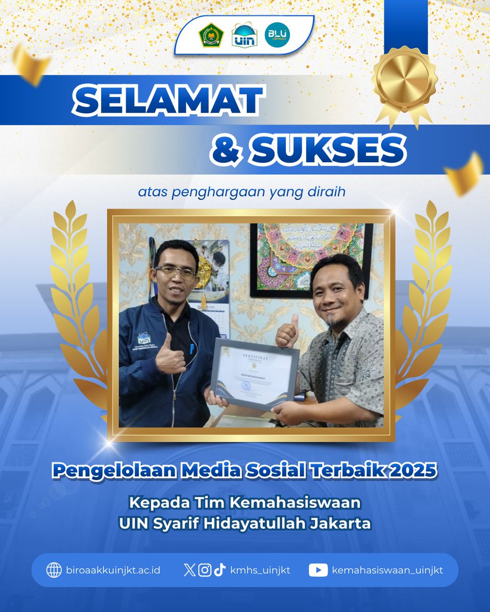 Halo Sobat Kemasis 🙌

Selamat kepada Tim Kemahasiswaan UIN Syarif Hidayatullah Jakarta atas Penghargaan Pengelolaan Media Sosial Terbaik 2025 🎉

Semoga prestasi ini menjadi motivasi untuk terus berinovasi dan memberikan layanan terbaik bagi civitas akademika ✨

#UINJakarta